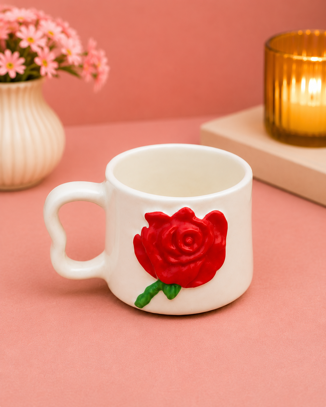 Handcrafted Ceramic Red Rose Coffee Mug for Tea, Coffee & Gifting | Cute Floral Designer Mug