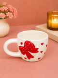 White Ceramic Coffee Mug with Red Bow & Heart Design – Cute Gift Mug for Coffee, Tea & Hot Beverages