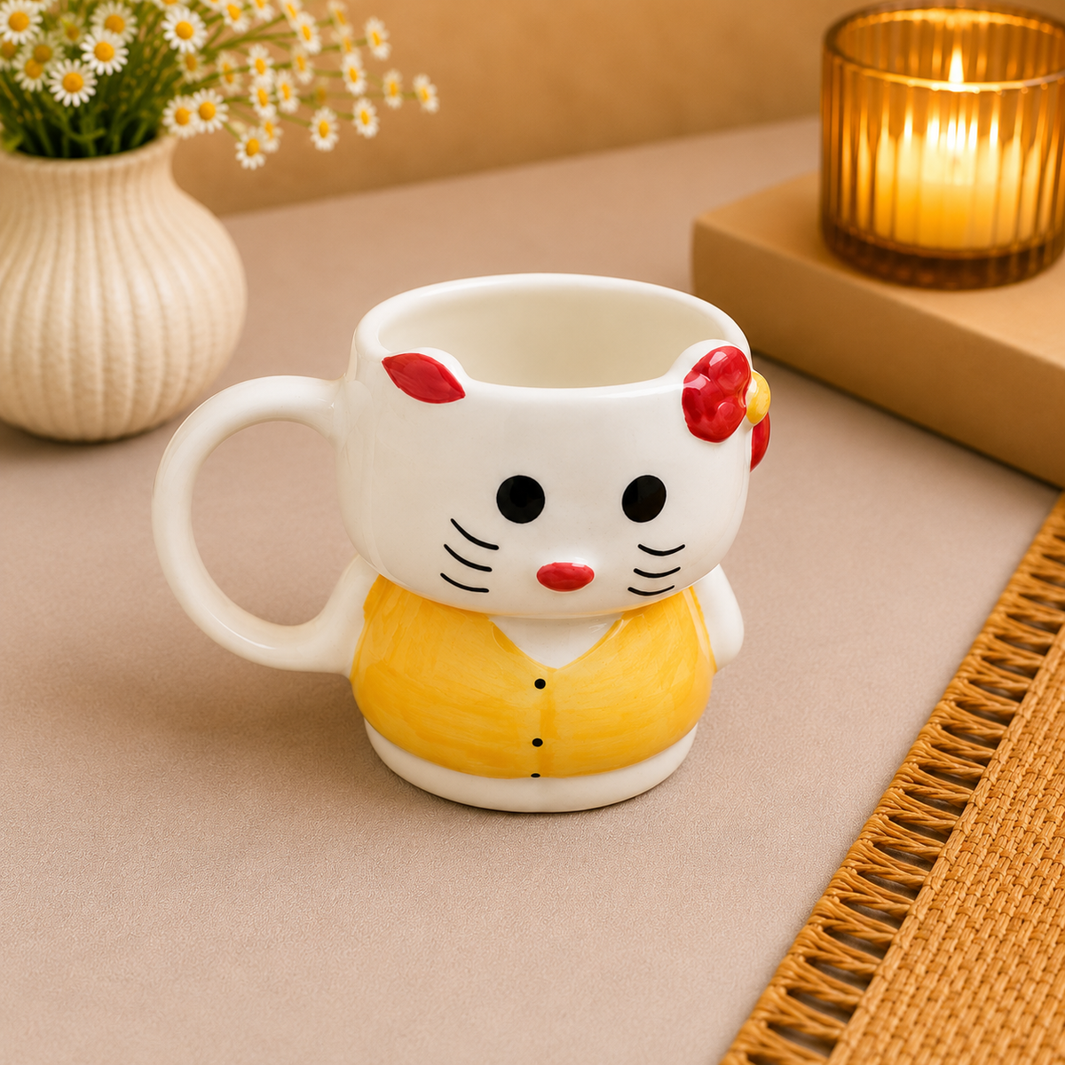 Cute Cat Ceramic Coffee Mug – Adorable White Cat Face with Red Bow & Yellow Dress Design, Cartoon Tea Cup with Handle for Kids & Adults, Cute Gift Mug for Tea & Coffee