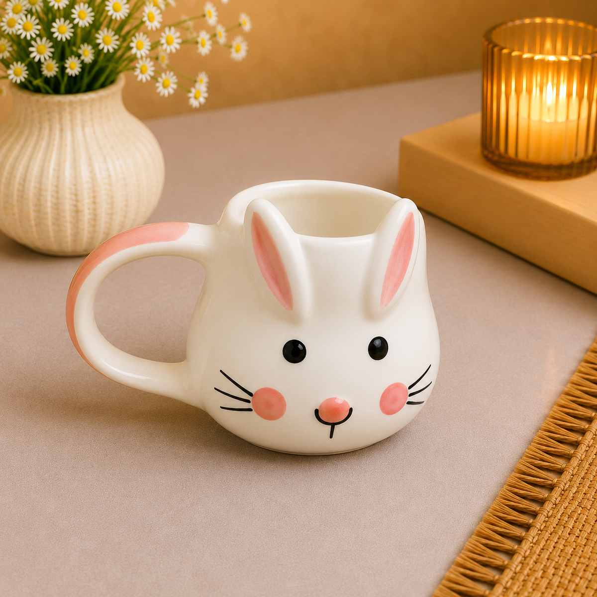 Cute Bunny Ceramic Coffee Mug – Adorable White Rabbit Face with Pink Ears & Cheeks, Cartoon Animal Tea Cup with Handle for Kids & Adults, Cute Gift Mug for Tea & Coffee