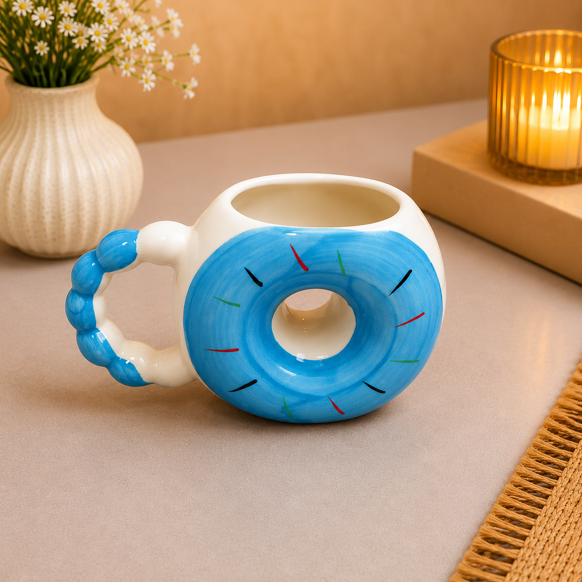 Blue Donut-Shaped Ceramic Coffee Mug – Unique Round Doughnut Design with Colorful Sprinkles, Cute Tea Cup with Handle for Home, Office & Gifting