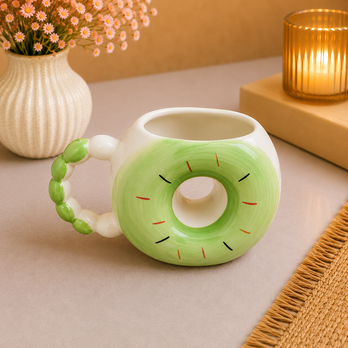 Cute Green Donut-Shaped Ceramic Coffee Mug – Unique Doughnut Design with Colorful Sprinkles, Cartoon Tea Cup with Handle for Home, Office & Gifting