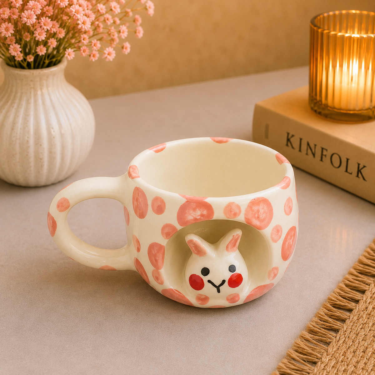 Cute Rabbit Ceramic Coffee Mug – Adorable Bunny Design with Pink Polka Dots, 3D Rabbit Face Detail & Comfortable Handle, Unique Tea & Coffee Cup for Home, Office & Gifting