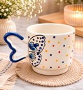 Handcrafted Ceramic Mug with Butterfly Design & Colorful Dot Pattern | Unique Decorative Coffee & Tea Cup with Artistic Blue Handle