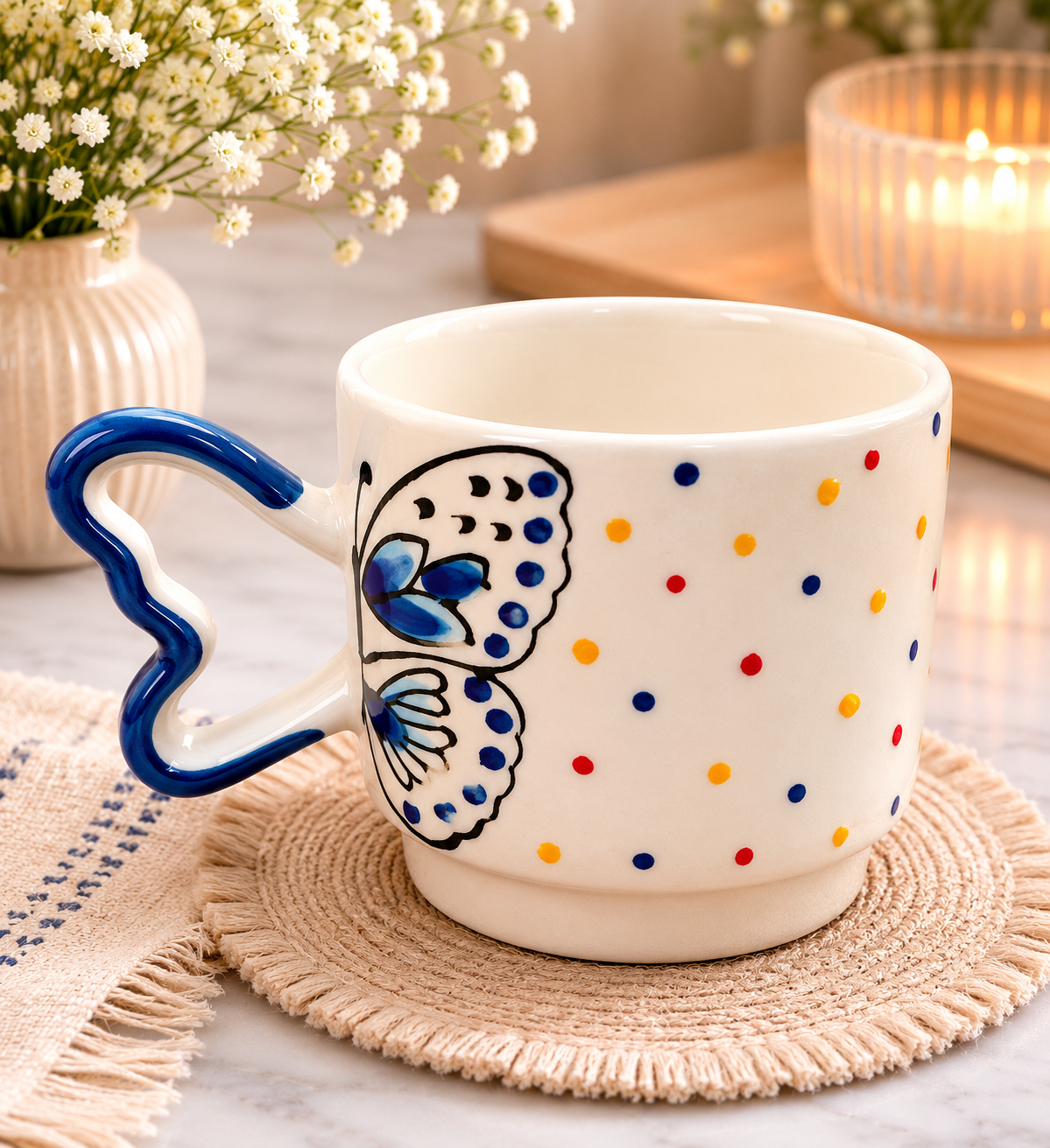 Handcrafted Ceramic Mug with Butterfly Design & Colorful Dot Pattern | Unique Decorative Coffee & Tea Cup with Artistic Blue Handle