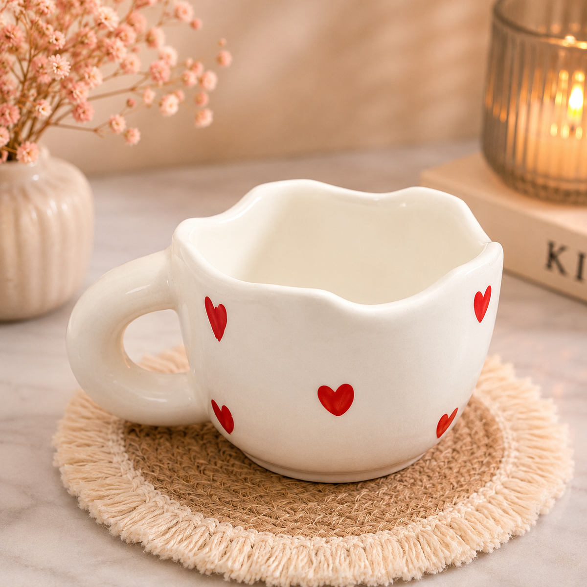 Heart Print Ceramic Tea Cup with Curved Rim | Cute White Coffee Mug with Red Heart Design, Stylish Handmade-Style Drinkware for Home & Office