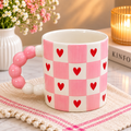 Pink Checkered Heart Pattern Ceramic Mug with Unique Beaded Handle, Cute Aesthetic Coffee Cup, Tea Cup for Home, Office, Study Table and Gifting, Stylish Decorative Drinkware for Men and Women