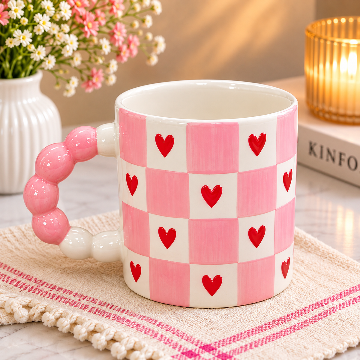 Pink Checkered Heart Pattern Ceramic Mug with Unique Beaded Handle, Cute Aesthetic Coffee Cup, Tea Cup for Home, Office, Study Table and Gifting, Stylish Decorative Drinkware for Men and Women
