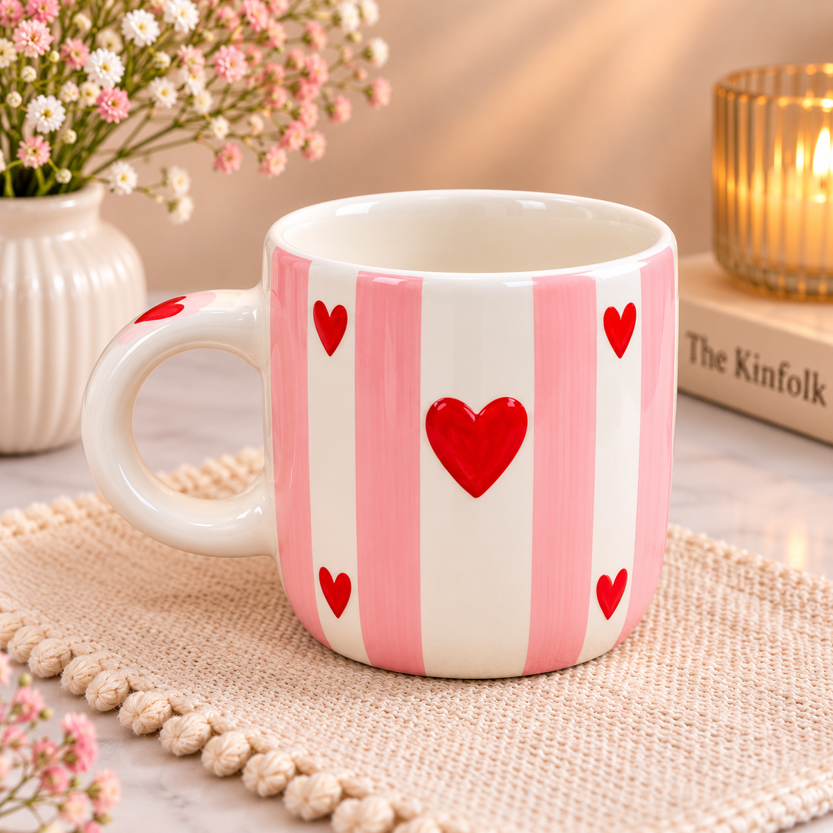 Pink Striped Heart Pattern Ceramic Mug with Cute Red Heart Design, Stylish Aesthetic Coffee and Tea Cup, Glossy Finish Drinking Mug for Home, Office, Study Table, Birthday, Anniversary and Gifting, Beautiful Everyday Drinkware for Men and Women