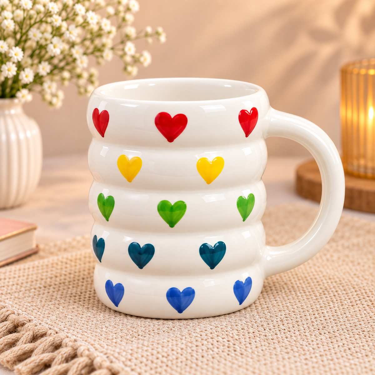 Multicolor Heart Design Ceramic Mug with Layered Ribbed Texture, Colorful Hand-Painted Hearts, Stylish Aesthetic Coffee & Tea Cup for Home, Office, Study Table and Gifting