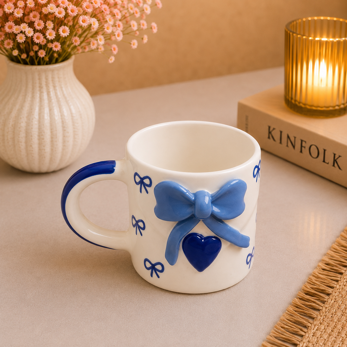 Cute Blue Bow Ceramic Coffee Mug – White Mug with 3D Blue Ribbon Bow & Heart Design, Stylish Tea Cup with Handle for Home, Office & Gifting