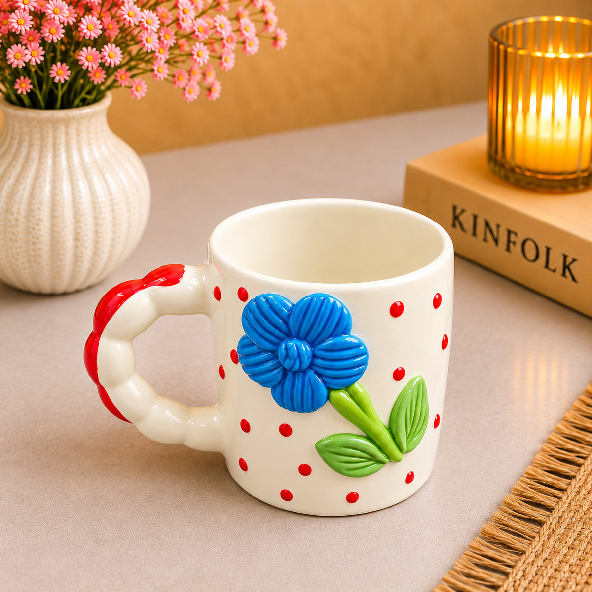 Cute Floral Ceramic Coffee Mug – White Mug with 3D Blue Flower & Green Leaf Design, Red Polka Dot Pattern and Stylish Handle, Aesthetic Tea Cup for Home, Office & Gifting