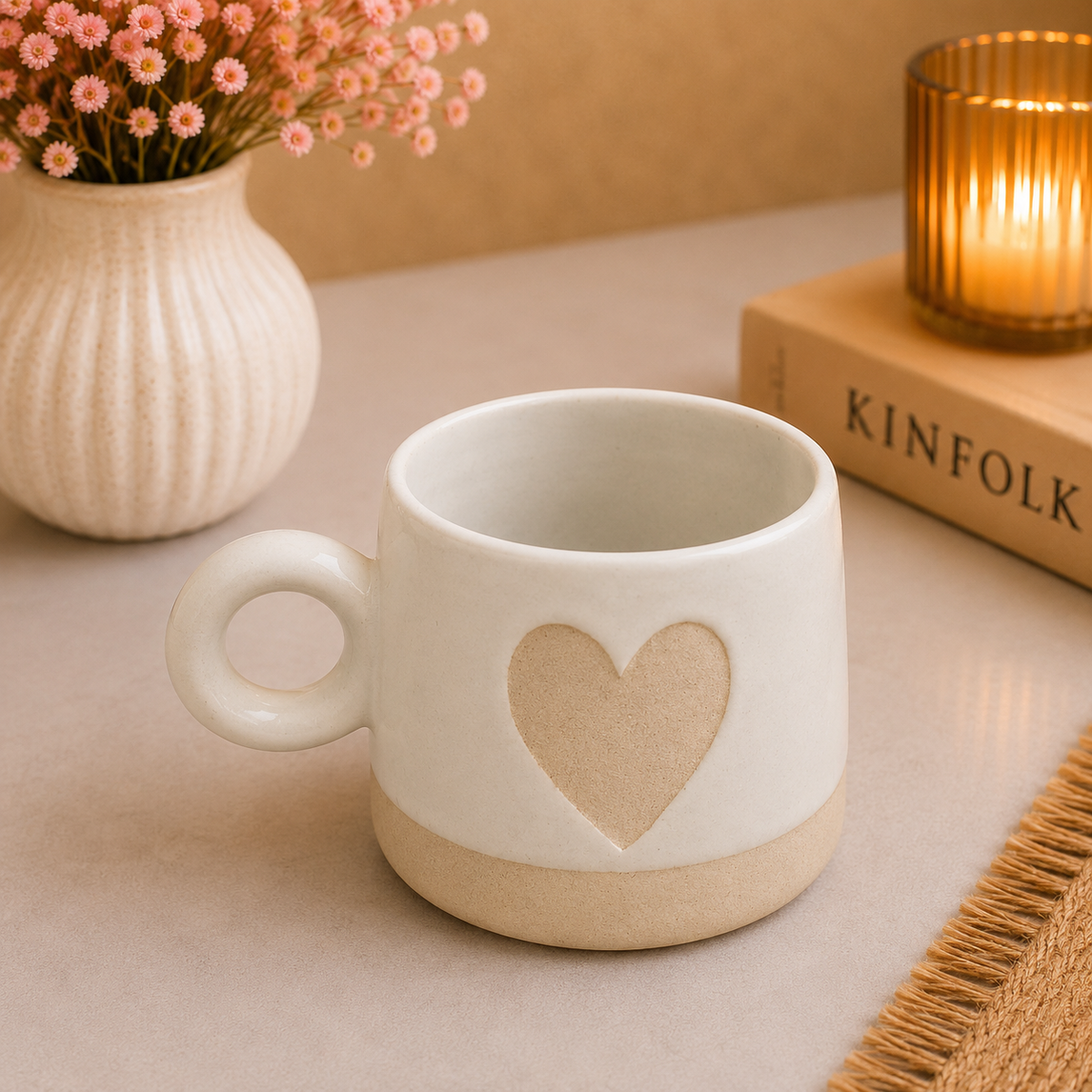Minimalist Ceramic Coffee Mug with Heart Design – White & Beige Rustic Coffee Cup with Large Heart Pattern, Stylish Tea Mug with Comfortable Handle for Home, Office & Gifting
