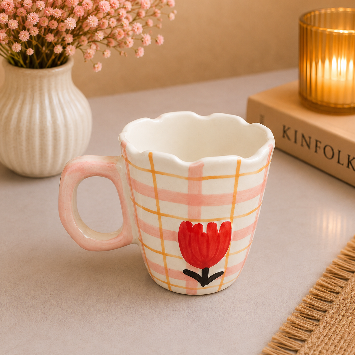 Cute Ceramic Coffee Mug with Red Tulip Design – Pink & White Checkered Floral Tea Cup with Scalloped Rim and Comfortable Handle, Aesthetic Mug for Home, Office & Gifting