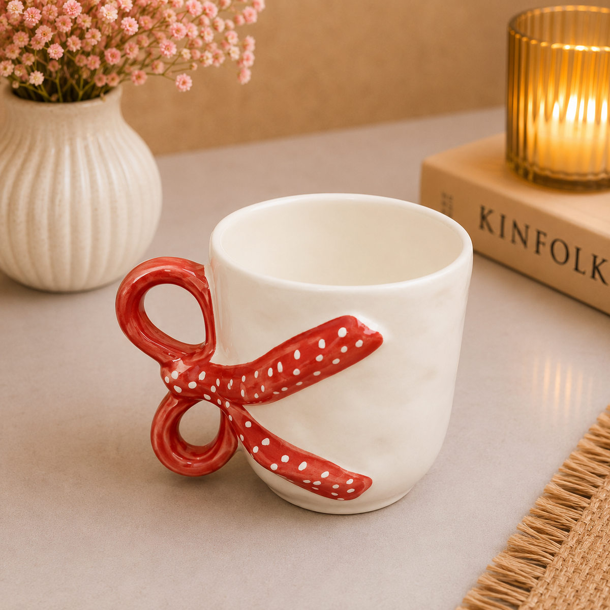 Cute Red Bow Ceramic Coffee Mug – White Mug with 3D Ribbon Bow & Polka Dot Design, Unique Tea Cup with Stylish Handle for Home, Office & Gifting