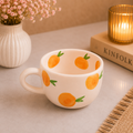 Cute Orange Ceramic Coffee Mug – White Mug with Hand-Painted Orange Fruit & Green Leaf Design, Aesthetic Tea Cup with Comfortable Handle, Unique Gift Mug for Home, Office & Kitchen