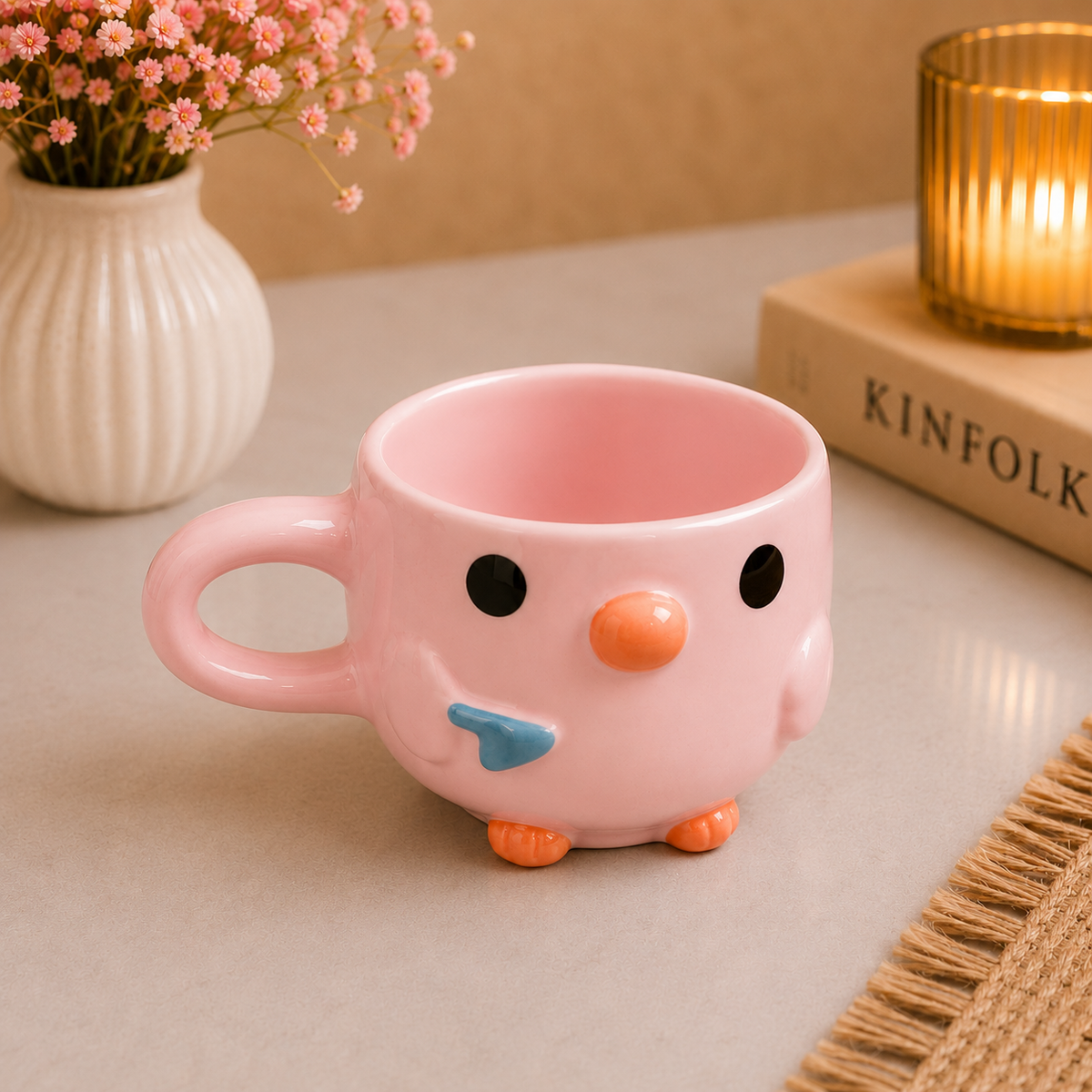 Cute Pink Bird Ceramic Coffee Mug – Adorable Cartoon Bird-Shaped Cup with Orange Beak & Feet, Pink Handle, Unique Tea & Coffee Mug for Kids & Adults, Perfect Gift