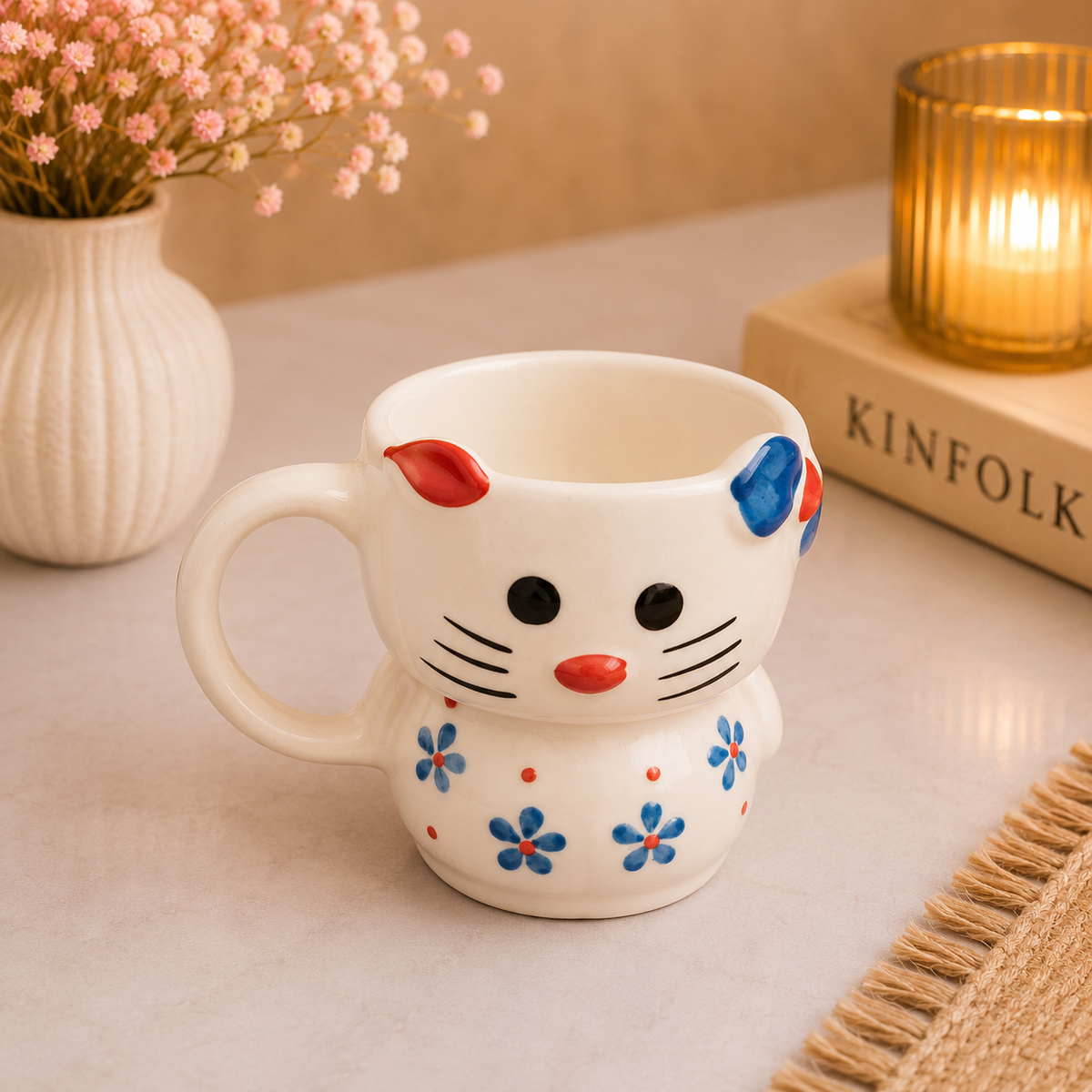 Cute Cat Ceramic Coffee Mug – Adorable White Cat Face with Blue Bow & Floral Design, 3D Cartoon Tea Cup with Handle, Unique Gift Mug for Home, Office & Cat Lovers