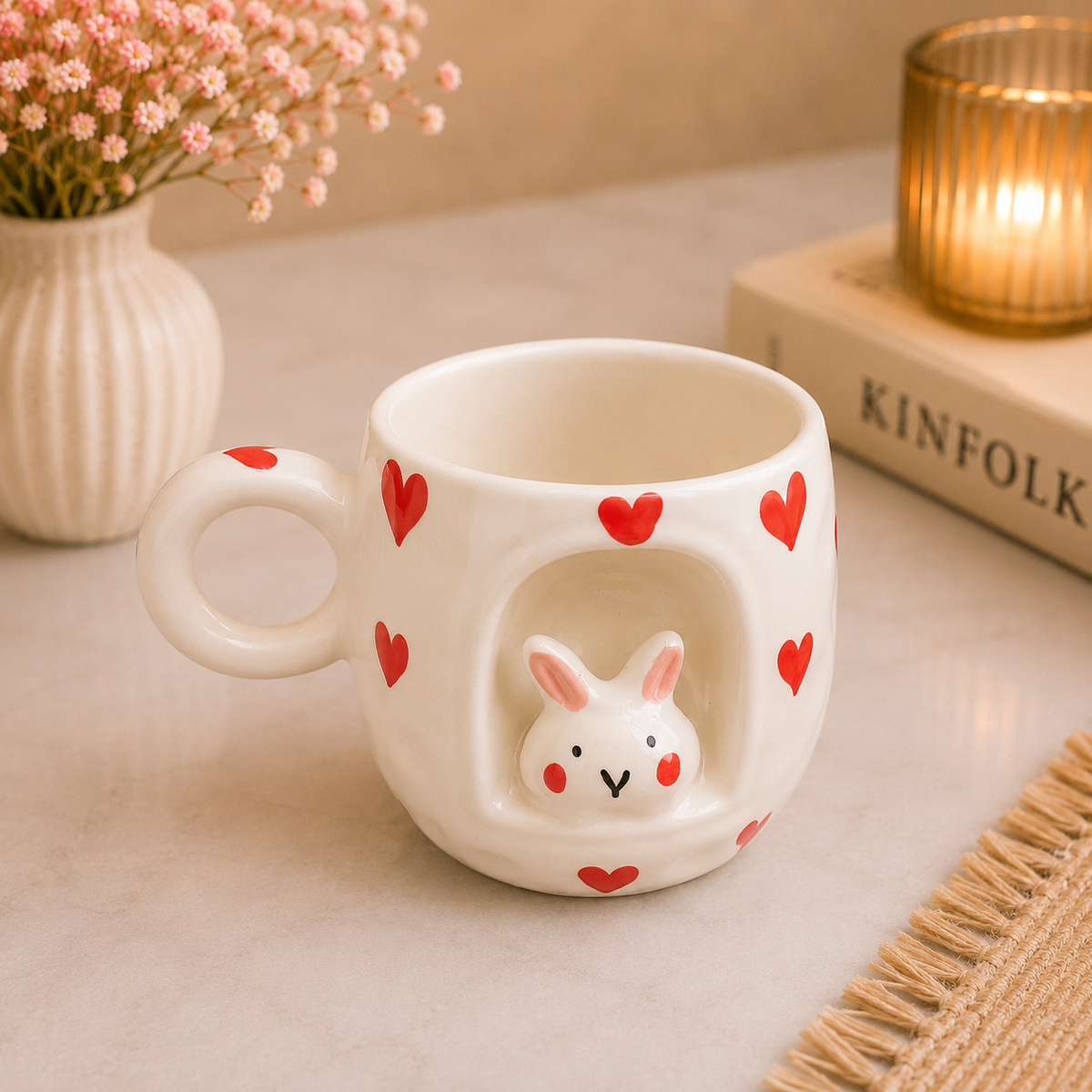 Cute Bunny Ceramic Coffee Mug – White Mug with 3D Rabbit Face Design, Red Heart Pattern & Comfortable Handle, Adorable Tea & Coffee Cup for Home, Office & Gifting