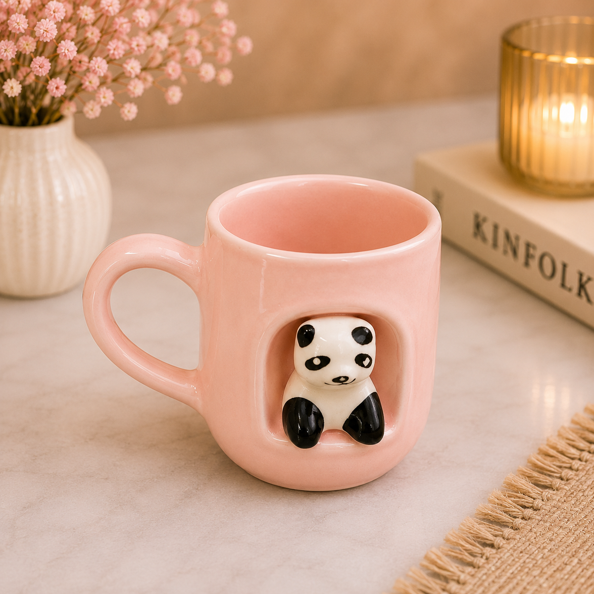 Cute Pink Panda Ceramic Coffee Mug – Adorable 3D Panda Design, Pink Ceramic Tea Cup with Comfortable Handle, Cartoon Animal Mug for Kids & Adults, Unique Gift for Home & Office