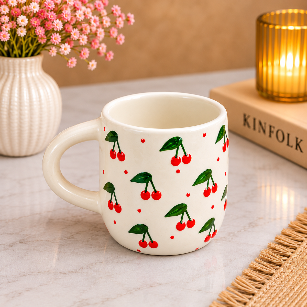 Handcrafted Ceramic Cherry Pattern Coffee Mug | Cute Fruit Design Tea Cup | Premium Coffee & Tea Mug for Home & Office