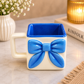 Blue Bow Design Square Ceramic Coffee Mug | Cute Ribbon Pattern Tea Cup | Stylish Drinkware for Home & Office