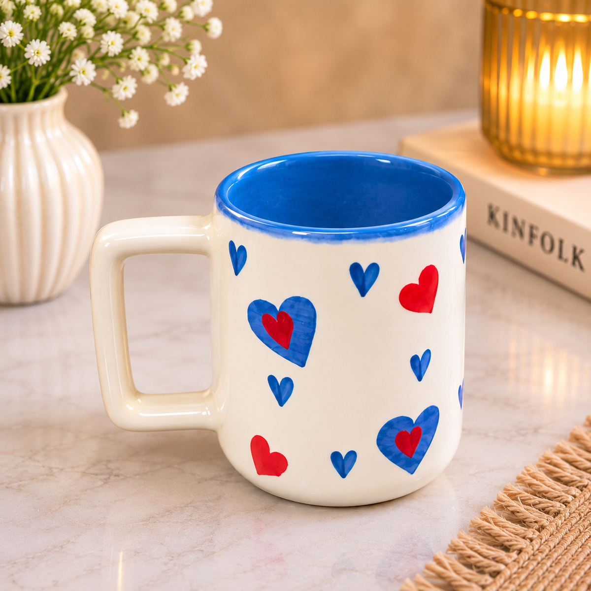 Blue & Red Heart Pattern Ceramic Coffee Mug | Stylish Handmade Look Tea Cup | Cute Everyday Drinkware