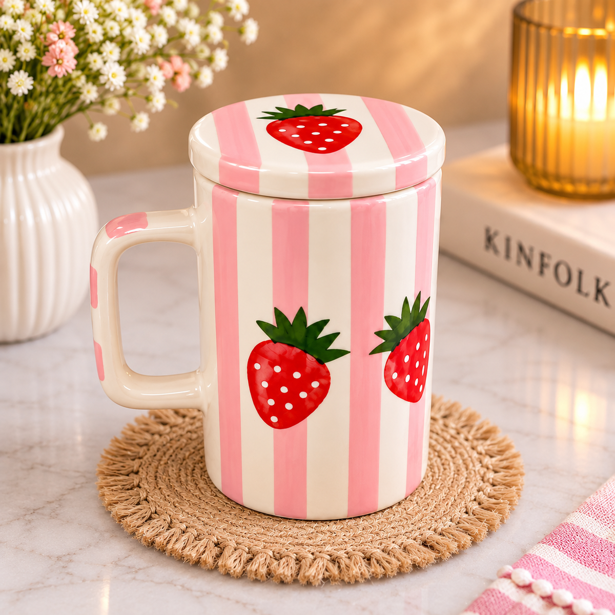 Pink Strawberry Printed Ceramic Mug with Lid, Cute Striped Design Coffee Cup, Decorative Tea & Coffee Mug for Home, Office, Kitchen and Gifting, Stylish Reusable Drinkware for Hot & Cold Beverages